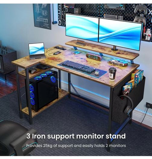 L Shaped Gaming Desk with LED Lights & Power Outlets, 120 x 80cm Corner Computer