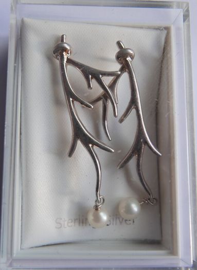 Vintage Sterling Silver 925 Antler Earrings Feature a Unique Branch-like Design Accented with Dangling White Pearls