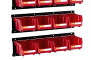 Wall Mounted Storage Bins, 12 Plastic Bins &amp; 3 Metal Rails, Plastic Hanging Stackable Storage Bin for Screws, Nuts, Bolts, Nails, Hardware Tool Organizer for Workshop, Craft Room, Garage, Red