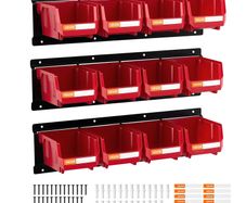 Wall Mounted Storage Bins, 12 Plastic Bins & 3 Metal Rails, Plastic Hanging Stackable Storage Bin for Screws, Nuts, Bolts, Nails, Hardware Tool Organizer for Workshop, Craft Room, Garage, Red