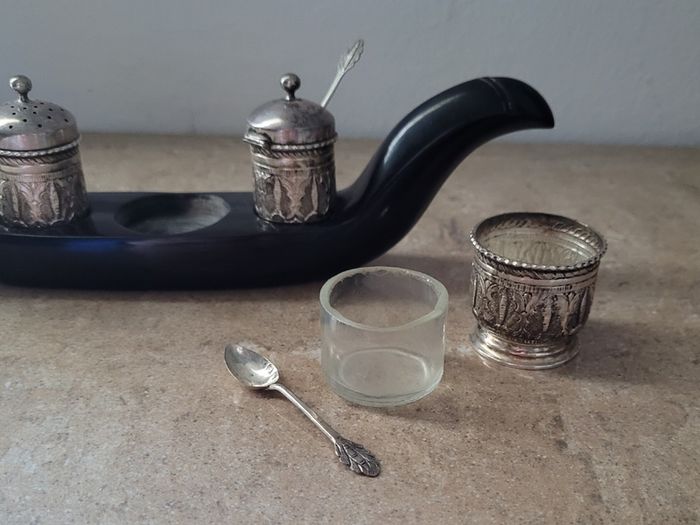 20th Century malaysian silver condiment set in carved/polished horn base tray of a bird