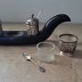 20th Century malaysian silver condiment set in carved/polished horn base tray of a bird Image 2