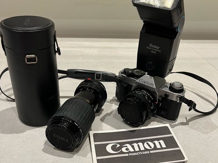 1984 Canon AE-1 Program Film Camera + Sigma zoom lens +Vivitar flash