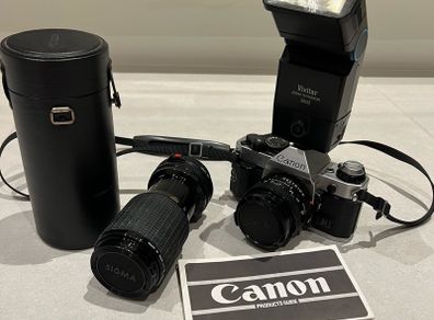 1984 Canon AE-1 Program Film Camera + Sigma zoom lens +Vivitar flash