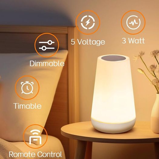 Night Light, LED Touch Bedside Table Lamp, 13 RGB Colours Changing, 5 Brightness Level Switch, Timing Function, Rechargable Remote Control Dimmable Light for Bedroom, Living Room, White