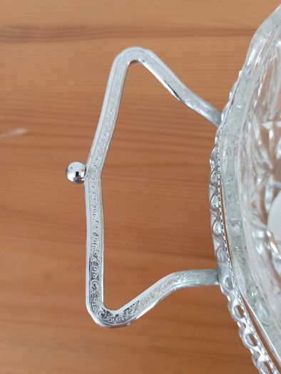 Vintage glass serving bowls sitting on chrome finish ornated frame/plates glass made in France by Reims, spoons in Sheffield