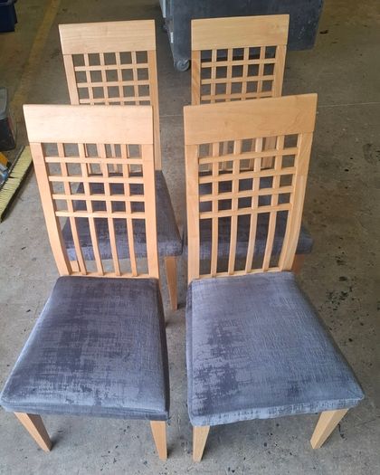 Set of 4 light wood dining chairs with grey fabric seats