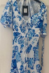 white and blue floral dress