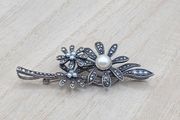 Vintage Sterling Silver Flower Brooch  Pearl &amp; Marcasite