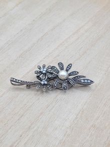 Vintage Sterling Silver Flower Brooch  Pearl & Marcasite