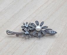 Vintage Sterling Silver Flower Brooch  Pearl & Marcasite