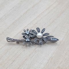Vintage Sterling Silver Flower Brooch  Pearl & Marcasite