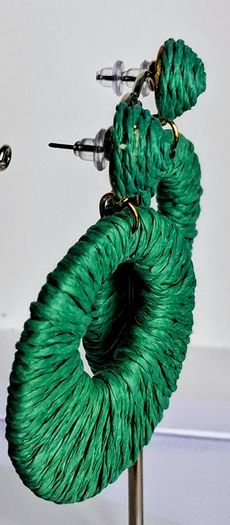 Grass Green Raffia Woven Stud Hollow Out Woven Hoop Earrings