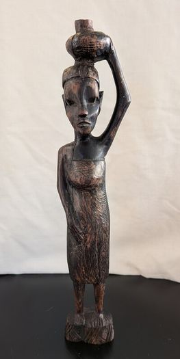 African Wooden Figures Pair Warrior Spear Water Carrier Hand Carved