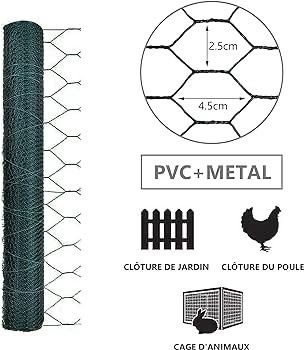 Chicken Wire Mesh Roll, PVC Coated Hexagonal Wire Mesh Fencing, Wire Poultry Netting, 1m x 25m, Hole Size: 25mm, Green