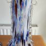 Set 2 Vintage Murano Tall Blue Carnival Confetti Vase With Ruffled Top, Hand Blown Blue Speckled Glass Vessel, Mid Century Italian Vase Image 2