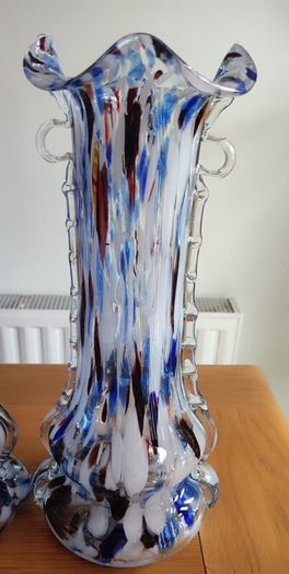 Set 2 Vintage Murano Tall Blue Carnival Confetti Vase With Ruffled Top, Hand Blown Blue Speckled Glass Vessel, Mid Century Italian Vase