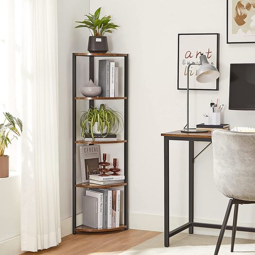 5 Tier Corner Shelf Bookcase Storage Shelf Multifunctional Living Room Bedroom Office Industrial Design Vintage Brown/Black