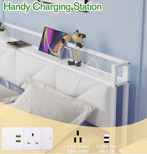 Floating King Bed Frame with LED Lights & USB Charging Station, 150x200cm Metal Platform King Size Bed Frame with 5ft Upholstered Headboard Storage,Heavy Duty Metal Slats, Noise Free,White