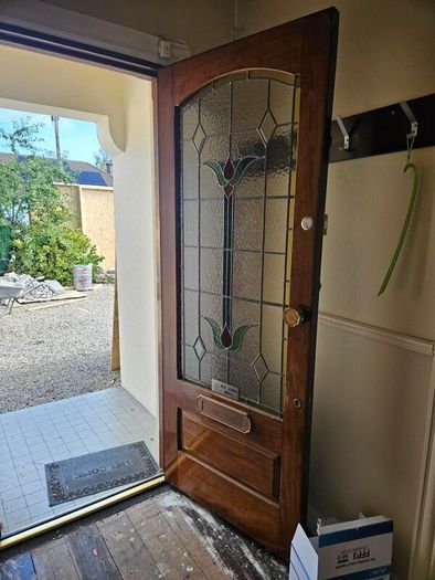 Original Solid Timber Front Door with Decorative Leaded Glass