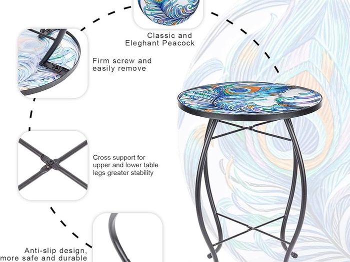 FREE P&P | Outdoor Side Table Small Outdoor Table, 14 inch Round Patio Side Table End Table, Peacock Feather Glass Plant Stand for Garden Patio Living Room