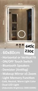 LED Bathroom Mirror Dual LED Speakers Antifog Bluetooth Fog Free Makeup Cosmetic Zoom x5 Vanity 80x60cm or 60x80cm Horizontal Vertical Cold Warm Neutral Bright Light