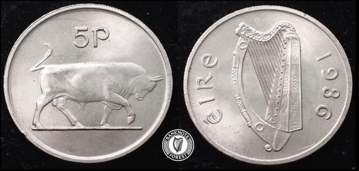 [#2447] - Ireland 1986 | Irish 5p | 5 Pence | Bull | KM.22 | UNC