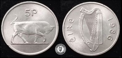 [#2447] - Ireland 1986 | Irish 5p | 5 Pence | Bull | KM.22 | UNC