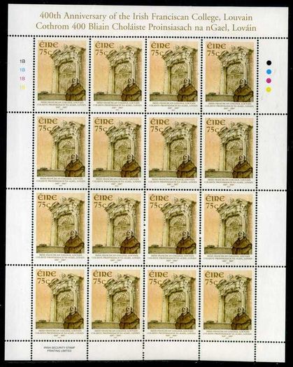2007 Ireland 400th Anniversary of Irish Franciscan College Commemorative Stamp Sheetlet Plate 1B1B1B1B Mint Never Hinged (MNH)