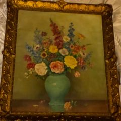 Large Vintage Oil Painting Summer Flowers in Green Vase Ornate Gilt Frame