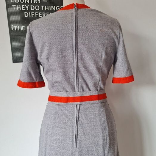Vintage 1960s rare Colin Glascoe wool mod dress grey pillarbox red silver belt buckle / 1970s British designer Made in England S small