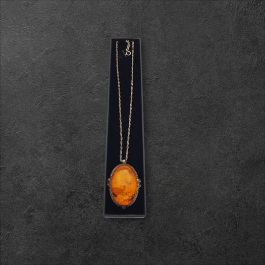 Carved Natural Baltic Amber Patinated Silver Necklace