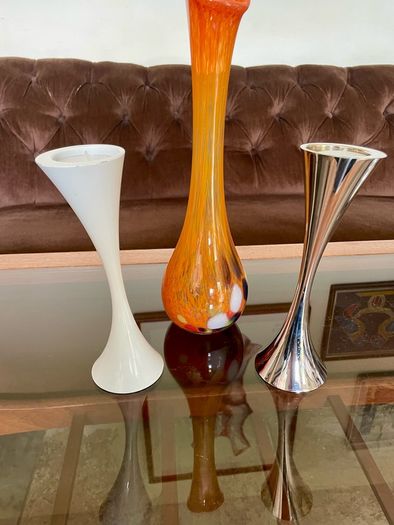 Vintage 20th Century Heavy Asymmetrical Stainless Steel and White Enamel Pair Of Candle Holders