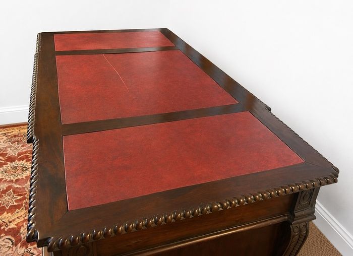 Large Fine Made Solid Wood Executive Partners Desk Genuine Leather Top Handcrafted