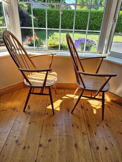 Pair of Vintage Ercol Blonde Swan Back Carver Dining Chairs