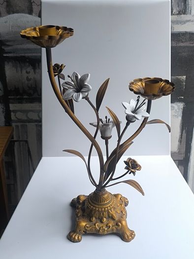 Antique 1930s French Botanical Gilt Metal & Porcelain Candelabra