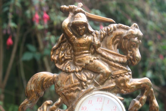 Vintage Brass Table Clock Knight on Horseback and Dragon, Saint George and Dragon, Mechanical  Clock SLAVA 11 JEWELS,  Working