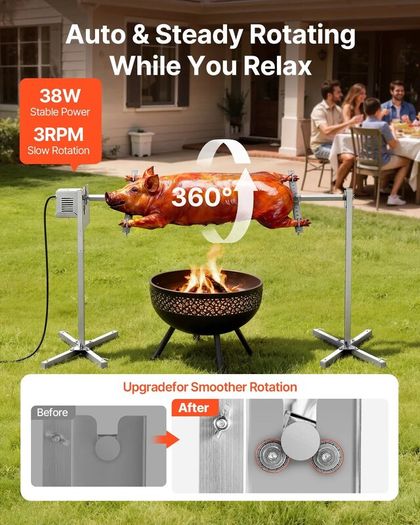 Electric Rotisserie Grill Kit, 8-Level Adjustable Height, 132lb Load Capacity, 38W Motor, Stainless Steel BBQ Spit for Outdoor Parties