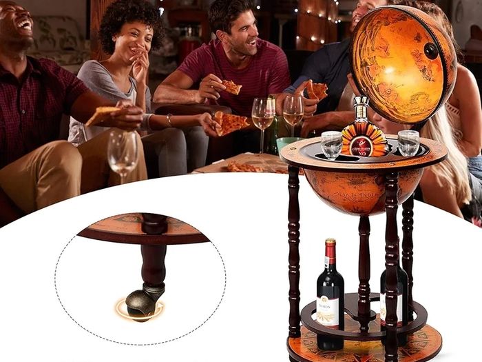 Globe Bar, Globe Bar Made of Eucalyptus, World Globe Bar Trolley with Wheels, Retro Home Bar, Mini Bar for Wine Glasses and Wine Bottles (Brown)