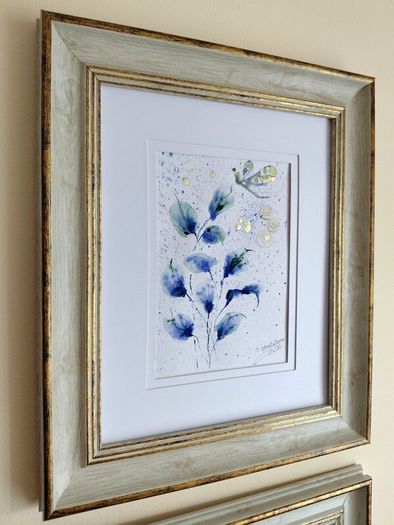 Blue Leaves, Golden Air / Original Watercolor Abstract Floral Painting