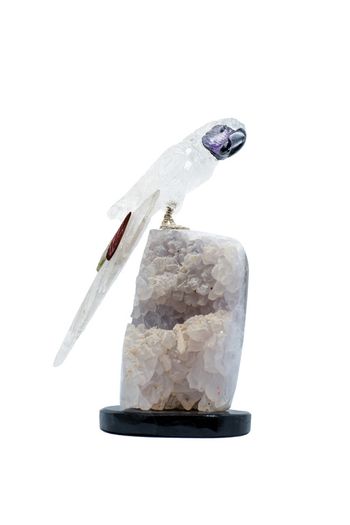 Elegant Crystal Macaw Figurine, Amethyst & Clear Stone, Home Decor Bird Sculpture, Unique Housewarming Gift