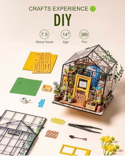 Greenhouse, DIY Miniature House Kits, Cathy's Flower House Advanced Level, 7.5 Hours, Wooden Dollhouse, Glue Free, Stress Relief Handmade Craft Kits, Birthday Gift for Women