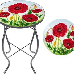 FREE P&P | Outdoor Side Table - Small Mosaic Patio Table, Poppy 14 Inch Accent Round Side Table Glass Plant Stand for Garden Patio Living Room