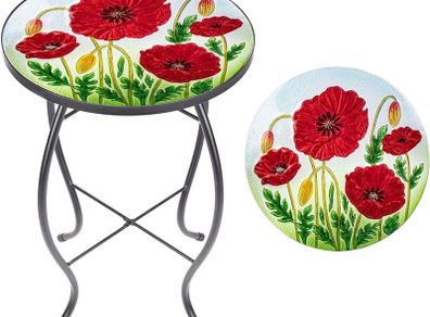 FREE P&P | Outdoor Side Table - Small Mosaic Patio Table, Poppy 14 Inch Accent Round Side Table Glass Plant Stand for Garden Patio Living Room
