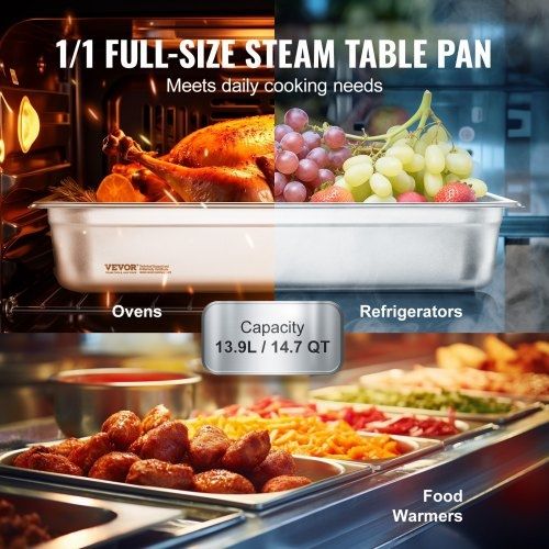 4 Pack Hotel Pans, Full Size Anti-Jam Steam Pan with Lid, 0.8mm Thick Stainless Steel Steam Table Pan, 4-Inch Deep Commercial Table Pan, Catering Storage Food Pan, for Industrial & Scientific