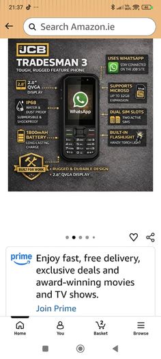 JCB Tradesman 3 Smart Feature Rugged Waterproof 4g Mobile Sim-Free Dual-Sim Phone With Whatsapp - Black