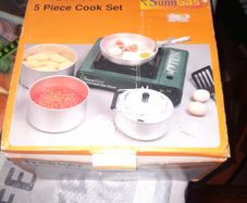 Trekker five piece Aluminum used Camping Cook Set by SunnGas in box, comprising 17cm saucepan, 18cm saucepan, 19cm frying pan, 16cm kettle (1.5L), and detachable grip handle. , Postage Available on all my Items or Collection in Rochfortbridge Westmeath