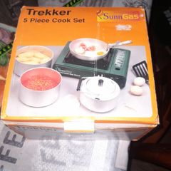Trekker five piece Aluminum used Camping Cook Set by SunnGas in box, comprising 17cm saucepan, 18cm saucepan, 19cm frying pan, 16cm kettle (1.5L), and detachable grip handle. , Postage Available on all my Items or Collection in Rochfortbridge Westmeath