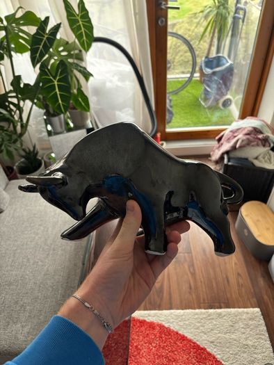 Modern Glossy Black Bull Figurine, Statement Decor Piece