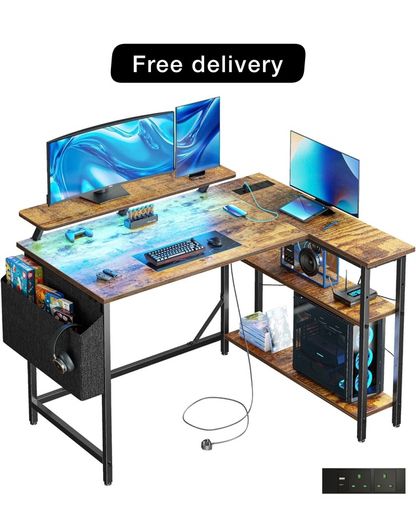 L Shaped Gaming Desk with LED Lights & Power Outlets, 120x80cm